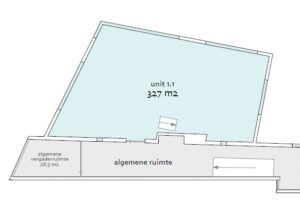 Plattegrond van unit 1.1 aan de Fred. Roeskestraat met 327 m² ruimte, algemene ruimte en vergaderruimte van 28,5 m².